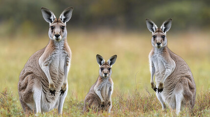 mother kangaroo with her joey and young kangaroo in grassy field, showcasing bond and nurturing nature of these animals
