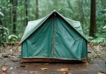 Green canvas tent pitched in a lush forest setting. Rain soaked fabric shows texture and dampness. The background is softly blurred, focusing