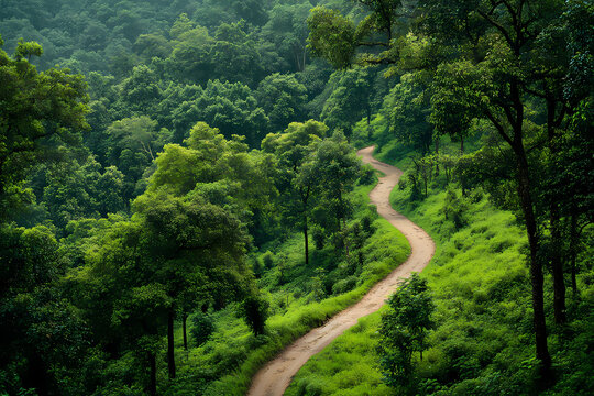 A winding road through a lush green forest