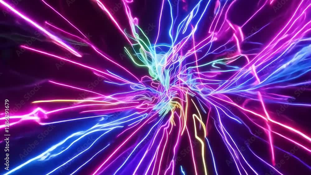Poster vibrant neon colors race through a dynamic digital tunnel, creating an immersive atmosphere that cap