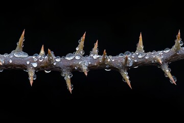 Dew-Kissed Thorns - Close-up of a thorny branch covered in morning dew, set against a black background. Nature, detail, texture