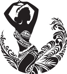 A black and white logo type Hula Dancer silhouette design - Traditional Hawaiian Dance silhouette design