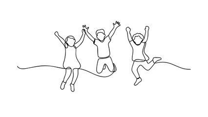 Joyful Children Jumping, Line Art, Happy Kids, Playful Friends, OneLine Drawing