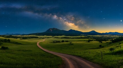 Serene Night Sky Over Green Landscape with Milky Way View