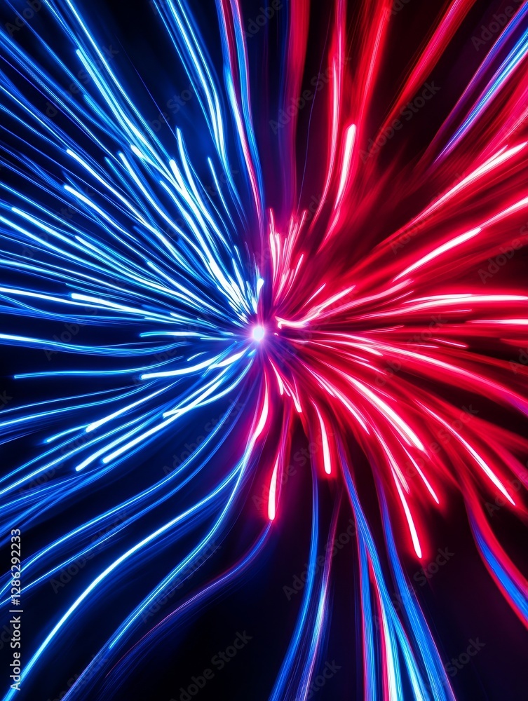 Poster dynamic light trails - abstract of vibrant blue and red light trails converging at a central point a