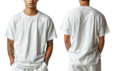 model wearing plain white t shirt, showcasing front and back views, with casual style and relaxed fit
