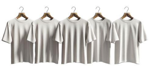 Plain white t shirts displayed on wooden hangers, ideal for casual wear and branding