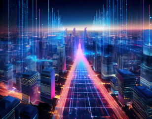 都市全体がホログラフィックな光のラインで包まれ、幾何学模様を描きながら交差する。建物の壁面にも光のデータが映し出され、空と地上が一体となった動的な都市景観