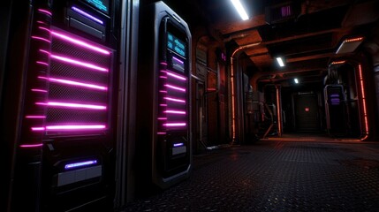 Futuristic corridor with neon lights and metallic walls, showcasing advanced technology and design