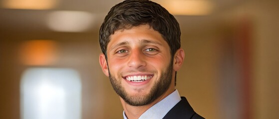 Smiling businessman in dark suit standing in brightly lit hallway symbolizing career success confidence and professional charisma