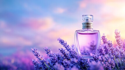 Elegant Perfume Bottle in Lavender Field at Sunset - A luxurious perfume bottle sits amidst a field of blooming lavender at sunset. Symbolizing serenity, fragrance, beauty, nature, and luxury