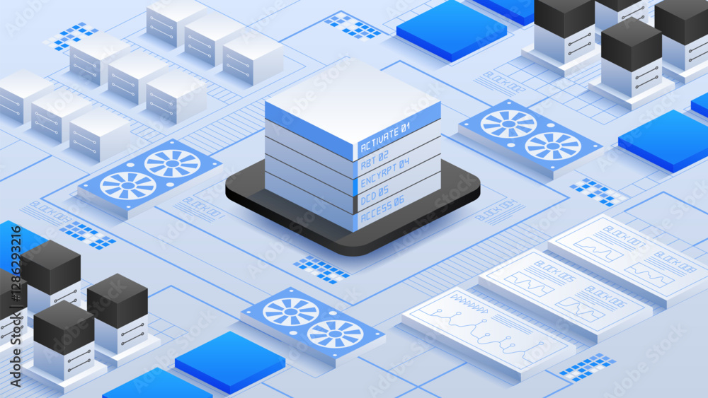 Poster high-tech innovative data center with interconnected servers and state-of-the-art cooling systems, e