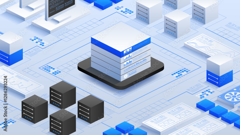 Poster illustration of a futuristic data center with interconnected servers, data blocks, and digital inter