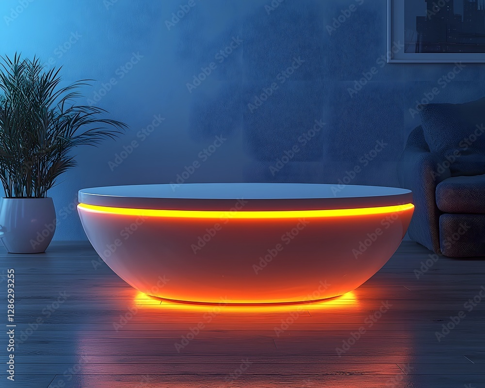 Poster glowing round table floating in serene sky blue background for product display and concept presentat