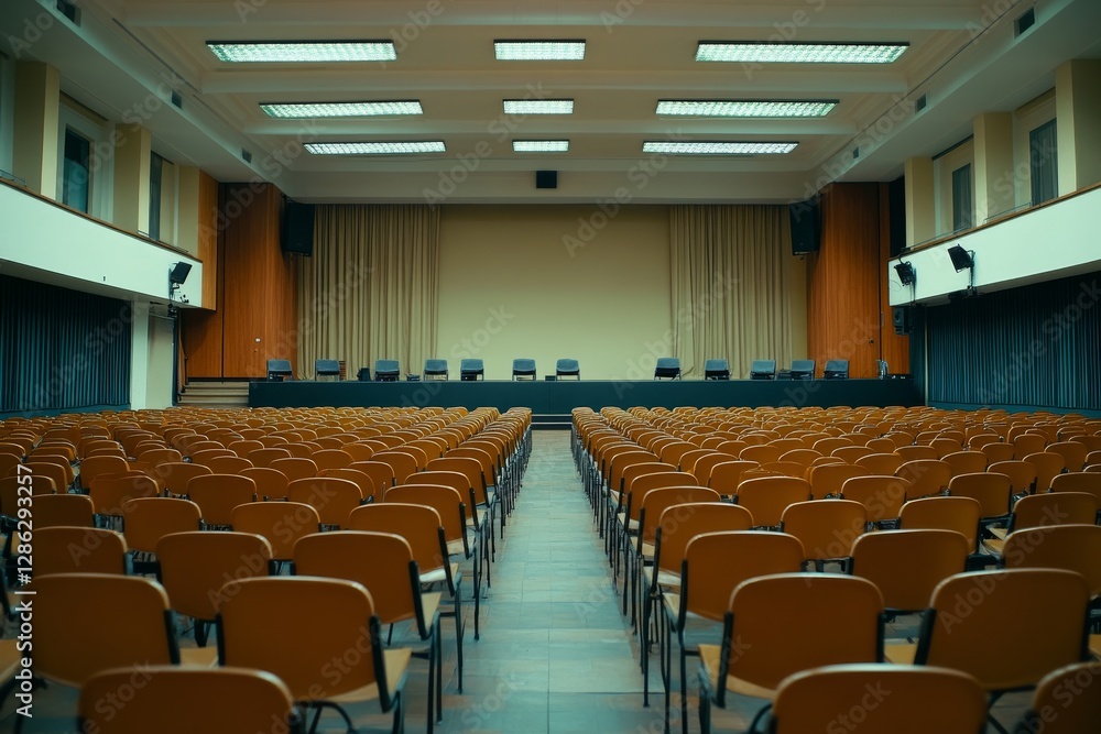 Poster empty auditorium ready for event - rows of empty chairs in a large auditorium, ready for an upcoming
