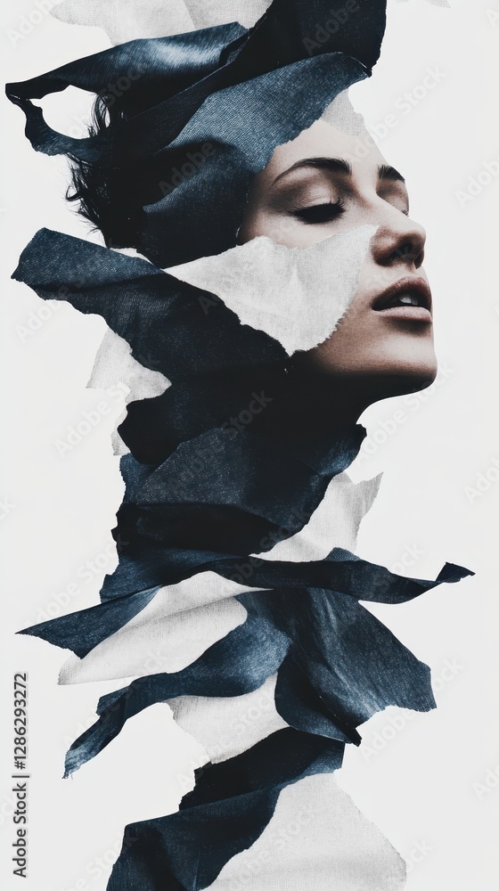 Poster a close-up view of a woman's face partially obscured by torn paper, creating a striking contrast bet