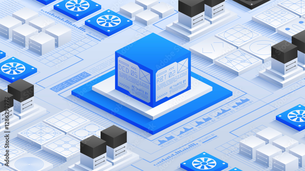 Poster advanced data infrastructure. sophisticated data center with interconnected servers and cooling syst