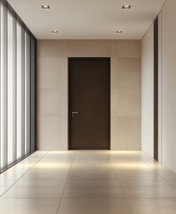 A simple room features a door and a window, showcasing a minimalist interior with natural light and an inviting atmosphere.