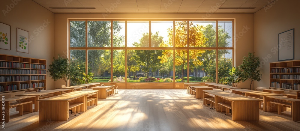 Poster sunlit classroom with large windows.
