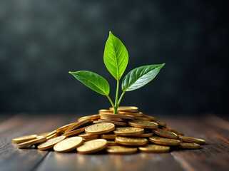 Photograph of a green plant sprouting from a pile of gold coins, symbolizing growth and prosperity. The plant's leaves are vibrant and healthy, contrasting against the dark, textured background. The g