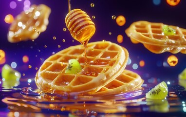 Floating golden waffles with bright Irish honey and fresh green fruit on neon backdrop