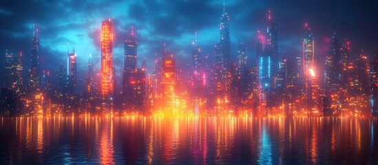 Fototapeta premium Futuristic city skyline reflected in water at night.