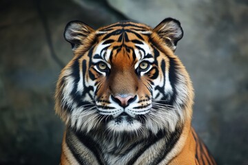 Fototapeta premium Majestic Tiger Staring Intently in Natural Habitat Setting