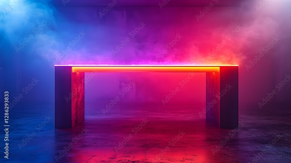 Poster glowing metal table with reflective top in soft ambient lighting for high end gadget and accessory d