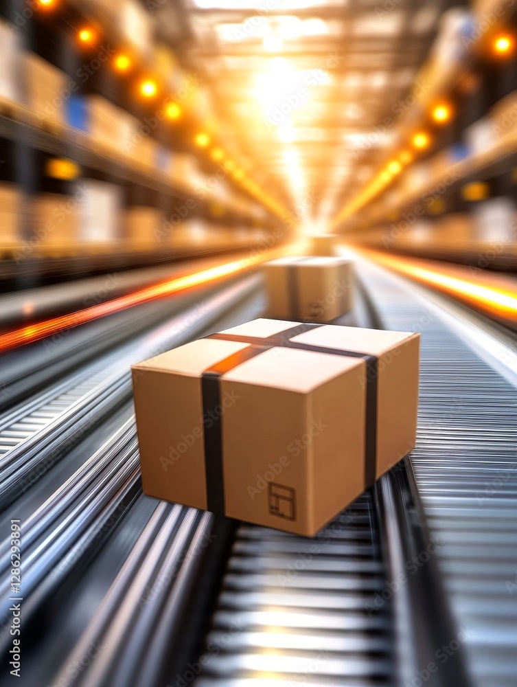 Poster fast package delivery system - cardboard boxes moving swiftly on a conveyor belt in a warehouse. eff