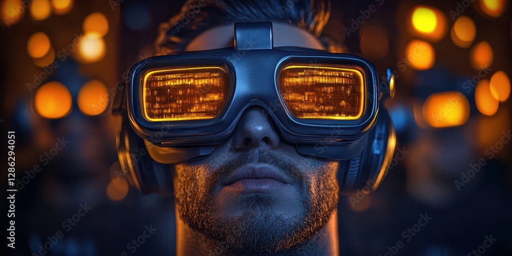 Poster a man is seen wearing goggles that are illuminated by glowing glasses, creating a striking visual ef