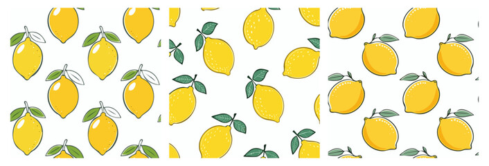 Vivid illustration of a seamless lemon pattern featuring vibrant yellow lemons with green leaves, set against a clean white background to highlight freshness, vitality, and tropical aesthetic.