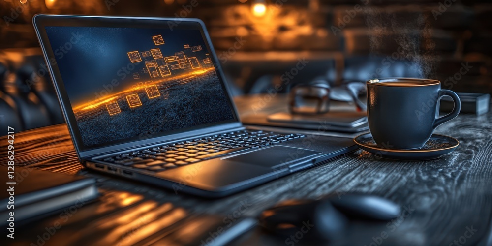 Poster a laptop computer rests on a table next to a steaming cup of coffee, creating a cozy workspace atmos