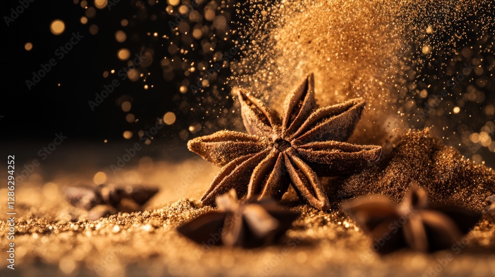 Poster star anise and cinnamon dust exploding into fine golden powder, creating an artistic and festive com