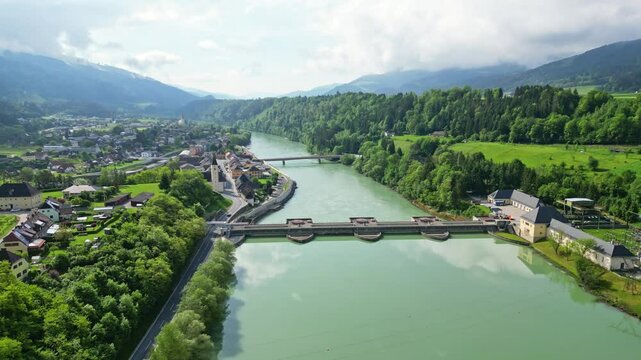 Hydro-electric power plant at the river Drau in Lavamuend, Austria. Aerial view