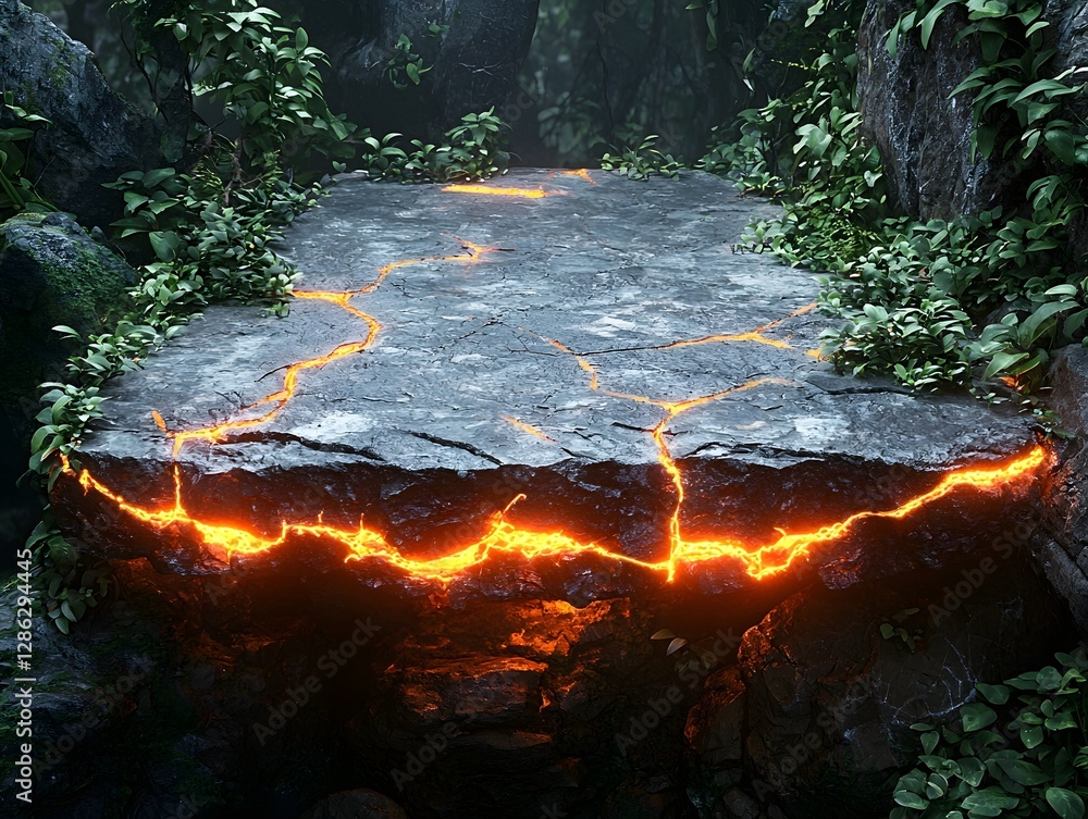 Aufkleber glowing stone table in ethereal forest setting for magical product display