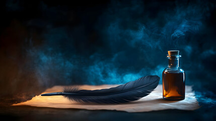 A vintage ink bottle and feather quill resting on parchment, illuminated by a mystical glow, evoking creativity and history.