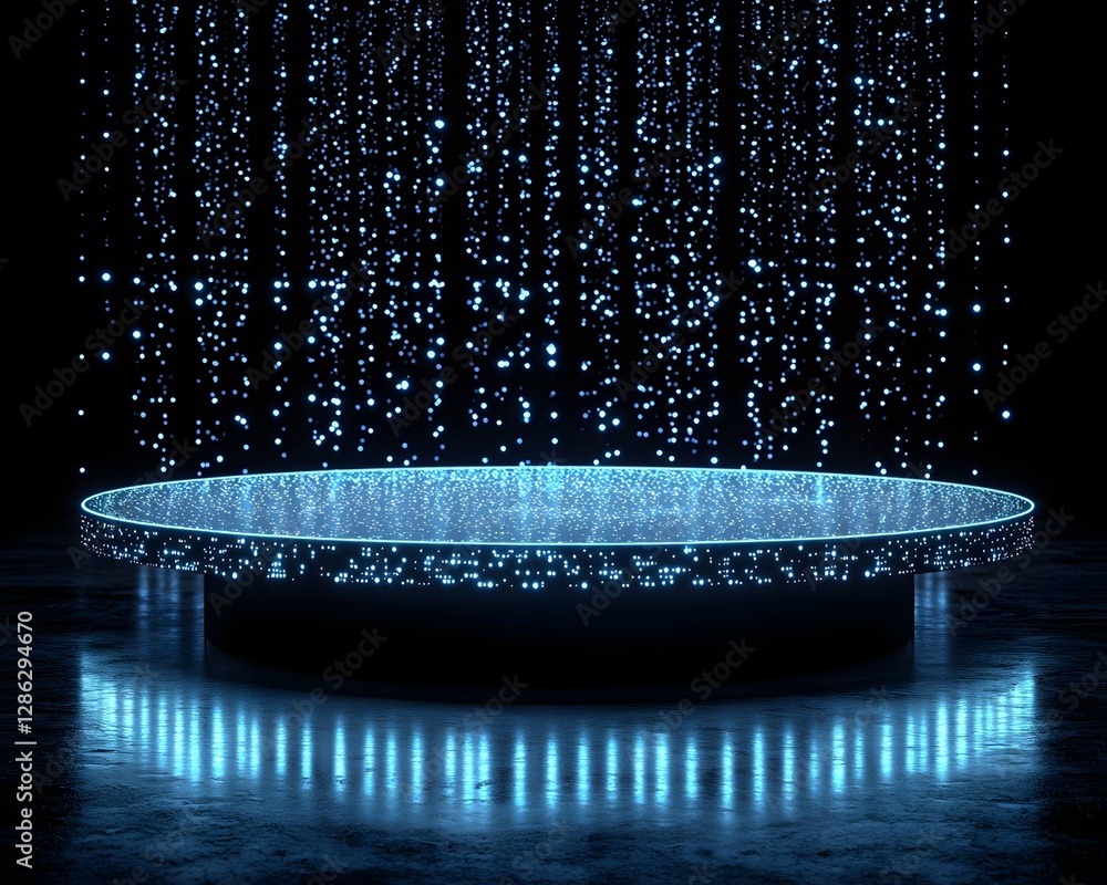 Poster futuristic glowing white podium table with hovering elements in digital background for tech innovati