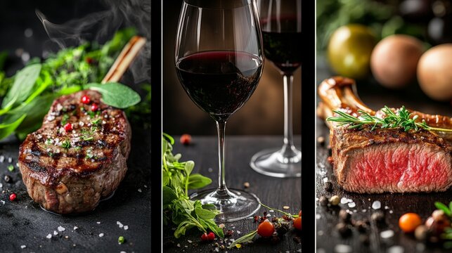 Stylish food photography collage featuring close-ups of sizzling steak, fresh herbs, and premium wine, targeted at fine-dining promotions.
