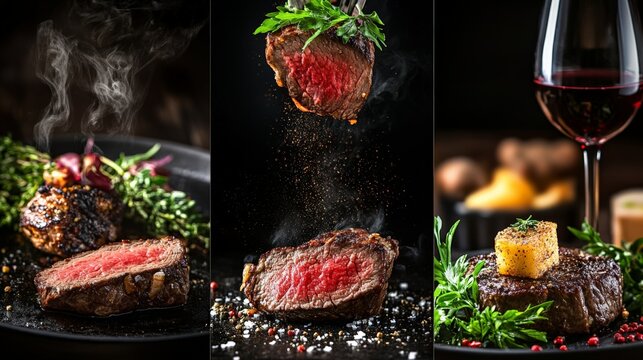 Stylish food photography collage featuring close-ups of sizzling steak, fresh herbs, and premium wine, targeted at fine-dining promotions.