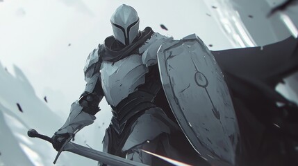 A soldier in battle, with blurred movements creating a sense of action. Wearing helmets and armor and their swords held high while carrying shields
