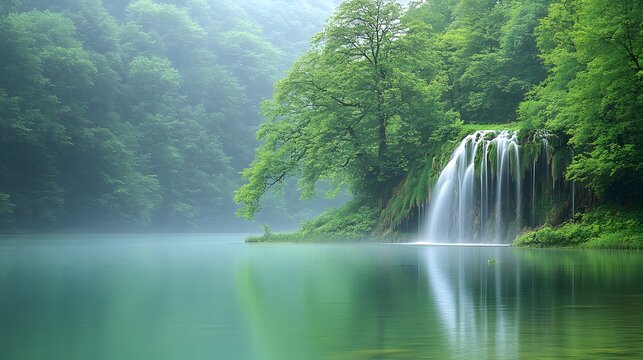 Malerischer Wasserfall in einem dichten, gr&uuml;nen Wald mit ruhigem See  
