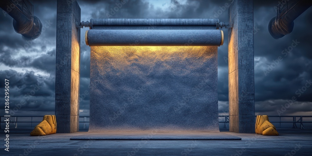 Poster a large concrete structure illuminated by a yellow light, showcasing its imposing design and creatin