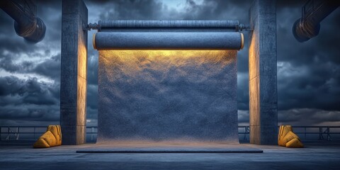 A large concrete structure illuminated by a yellow light, showcasing its imposing design and creating a striking visual contrast against the surroundings.