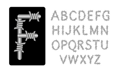 Letters made of metal. Iron font in the form of barbed wire.
 Free use, English font, set of letters. Vector image