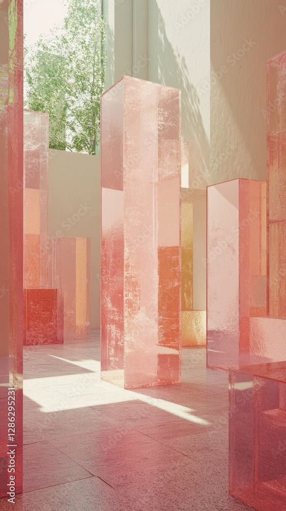 Poster a vibrant room filled with numerous pink blocks, featuring a lush tree in the background, creating a