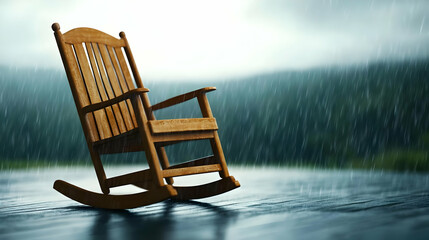 A wooden rocking chair gently sways in the rain, capturing a moment of tranquility amidst the stormy atmosphere.