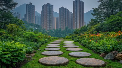 Urban park path leading to city skyline