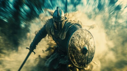 A soldier in battle, with blurred movements creating a sense of action. Wearing helmets and armor and their swords held high while carrying shields
