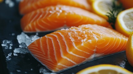 Fresh Salmon Filets on Ice - Close-up of succulent salmon filets, glistening with freshness, resting on ice with lemon slices