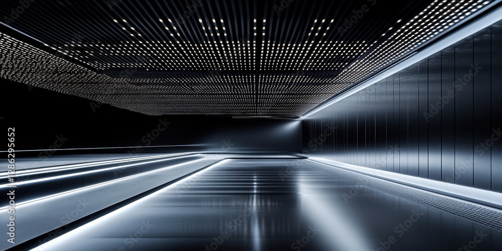 Poster an aerial perspective captures a lengthy hallway illuminated by a bright light at the far end, creat